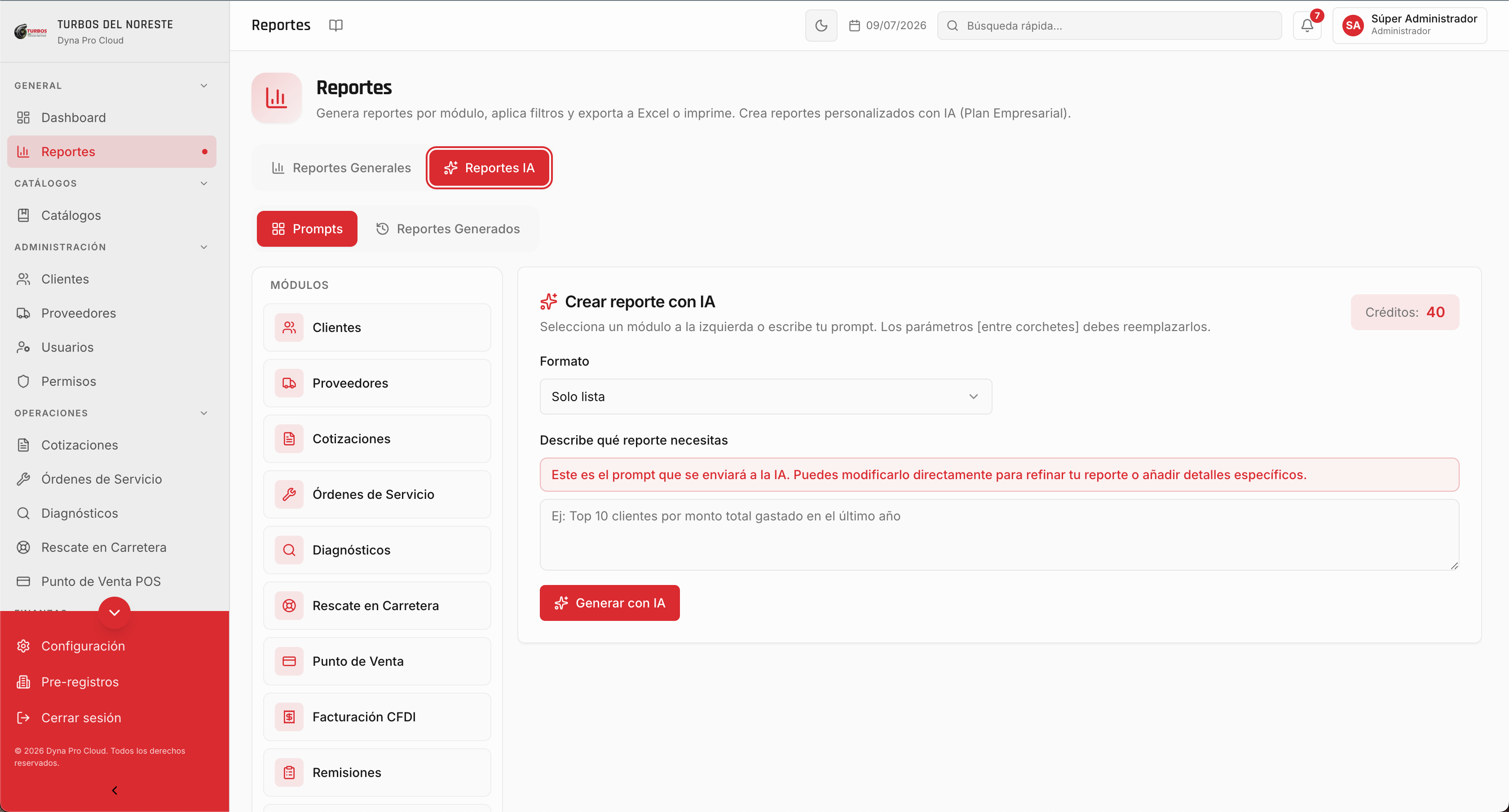 Módulo de reportes con Inteligencia Artificial de la plataforma